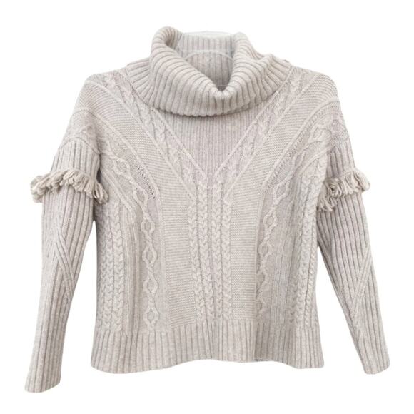 Artisan NY Wool Blend Tan Knit Turtleneck Sweater Fringe Sz M - Picture 1 of 6